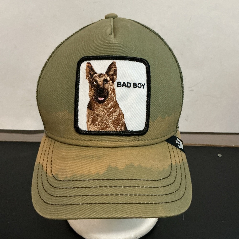 Goorin Bros Hat Olive Green Snapback Trucker Bad Boy German Shepherd Mesh FADED